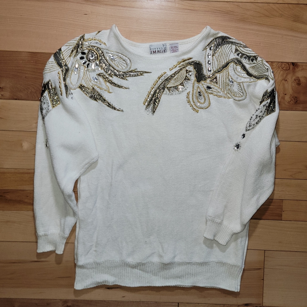 Vintage Womens Fitting Image Sweater With Silver And Black Rinestones Size L